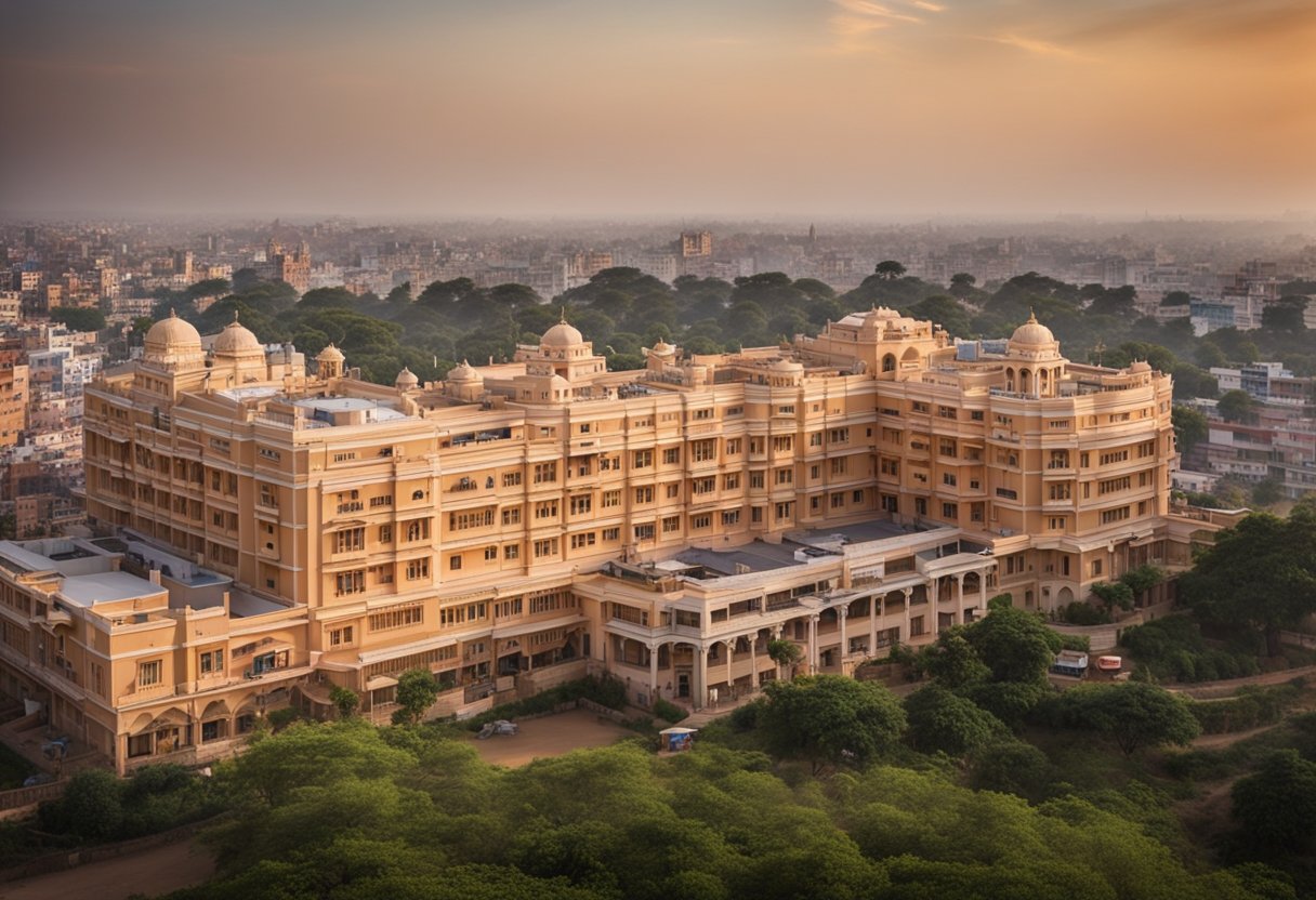 The Rukmani Birla Hospital in Jaipur, with its affiliations and accreditations, is depicted in a vibrant and bustling cityscape