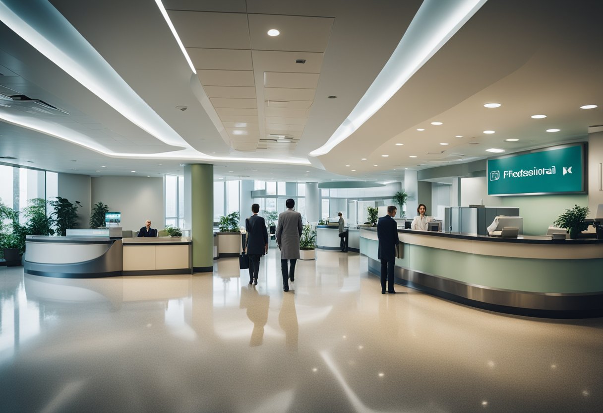 A bustling hospital lobby with people at the reception desk, a waiting area, and signs directing visitors to different departments
