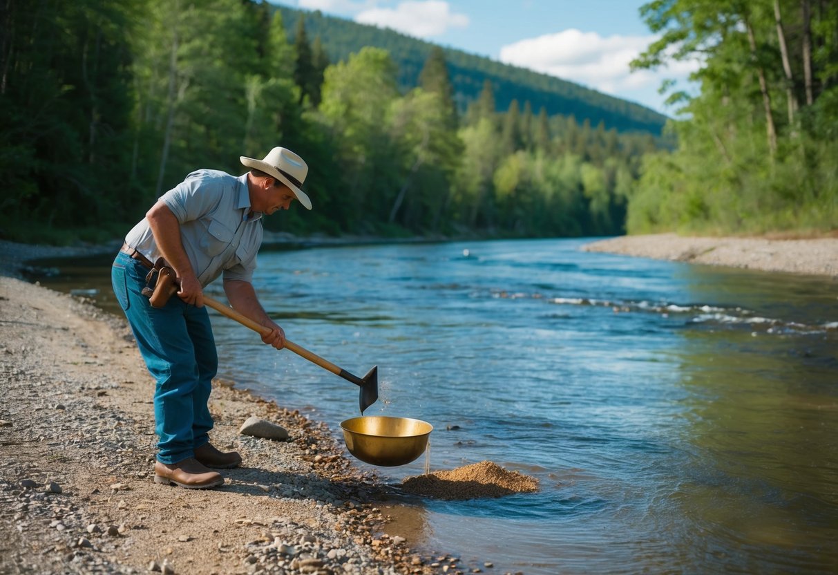 A serene river flowing through a lush forest, with a prospector using a gold pan and shovel to sift through gravel and sand along the water's edge