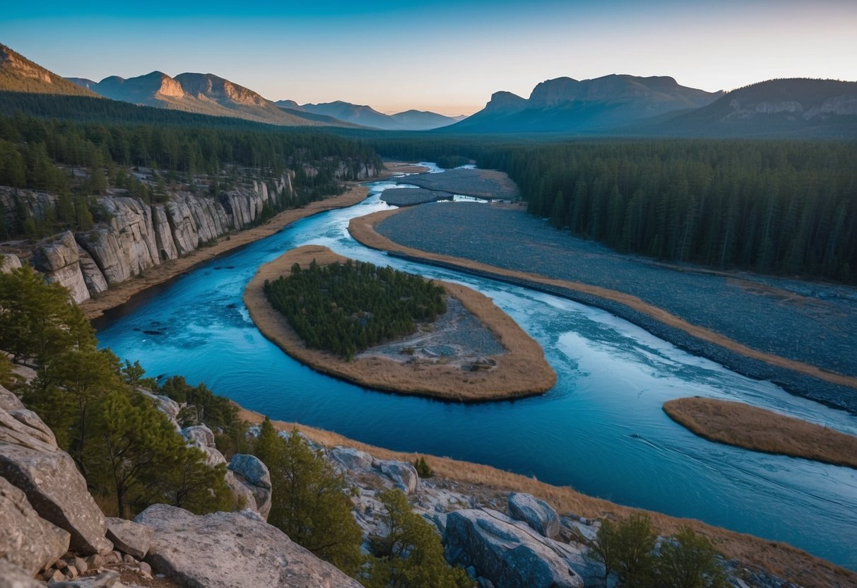 A rugged landscape with rocky outcrops and winding rivers, surrounded by dense forest and mountain ranges