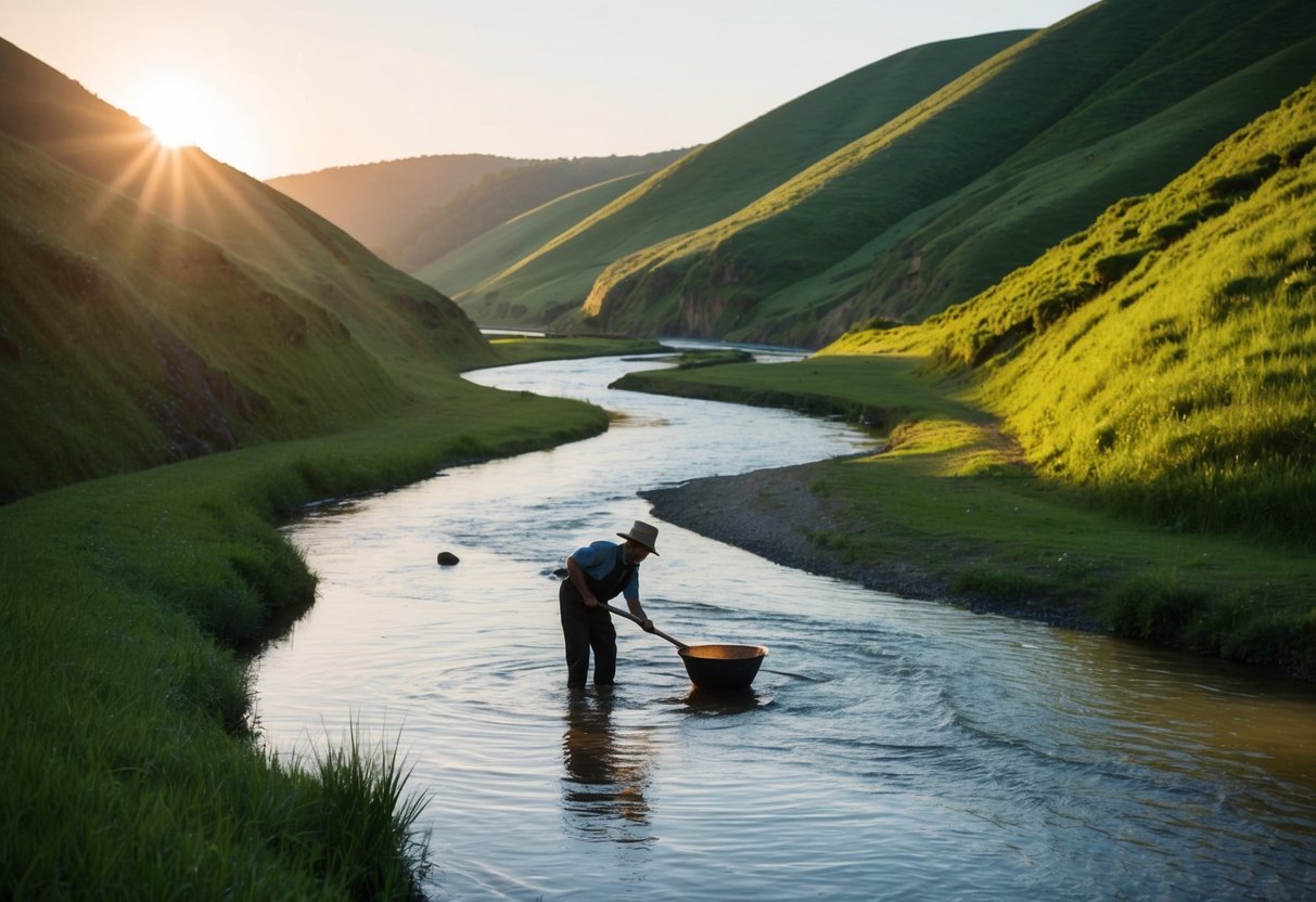 A serene river winding through lush, green hills, with a miner panning for gold in the shallow water. The sun is setting, casting a warm glow over the landscape