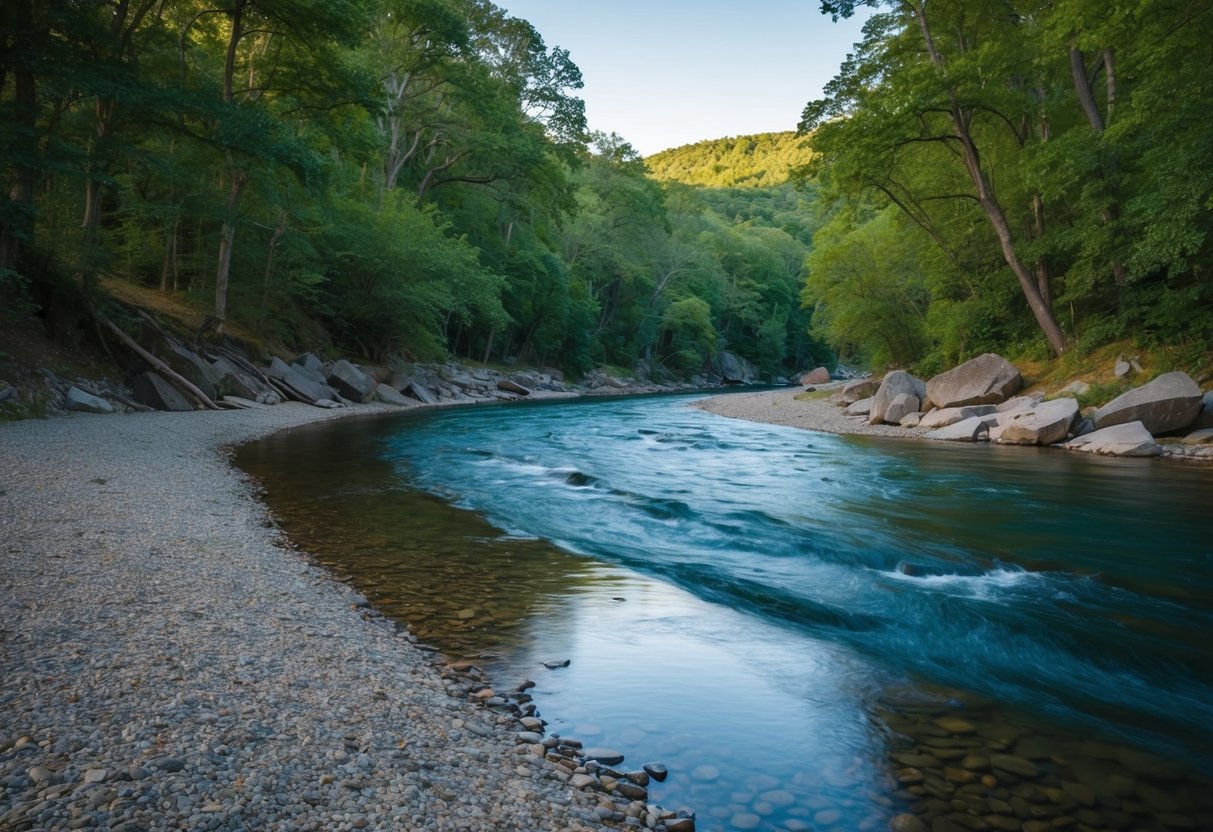 A serene river winding through a lush forest, with rocky outcrops and gravel banks along the water's edge