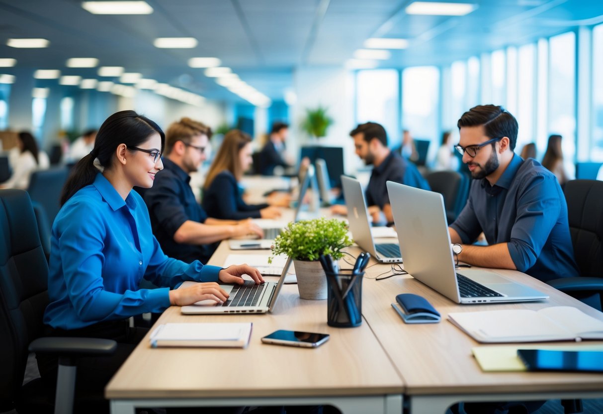 Un bureau animé avec des employés à leurs bureaux, engagés dans diverses tâches. L'atmosphère est professionnelle et concentrée, avec un sentiment de productivité et d'efficacité.