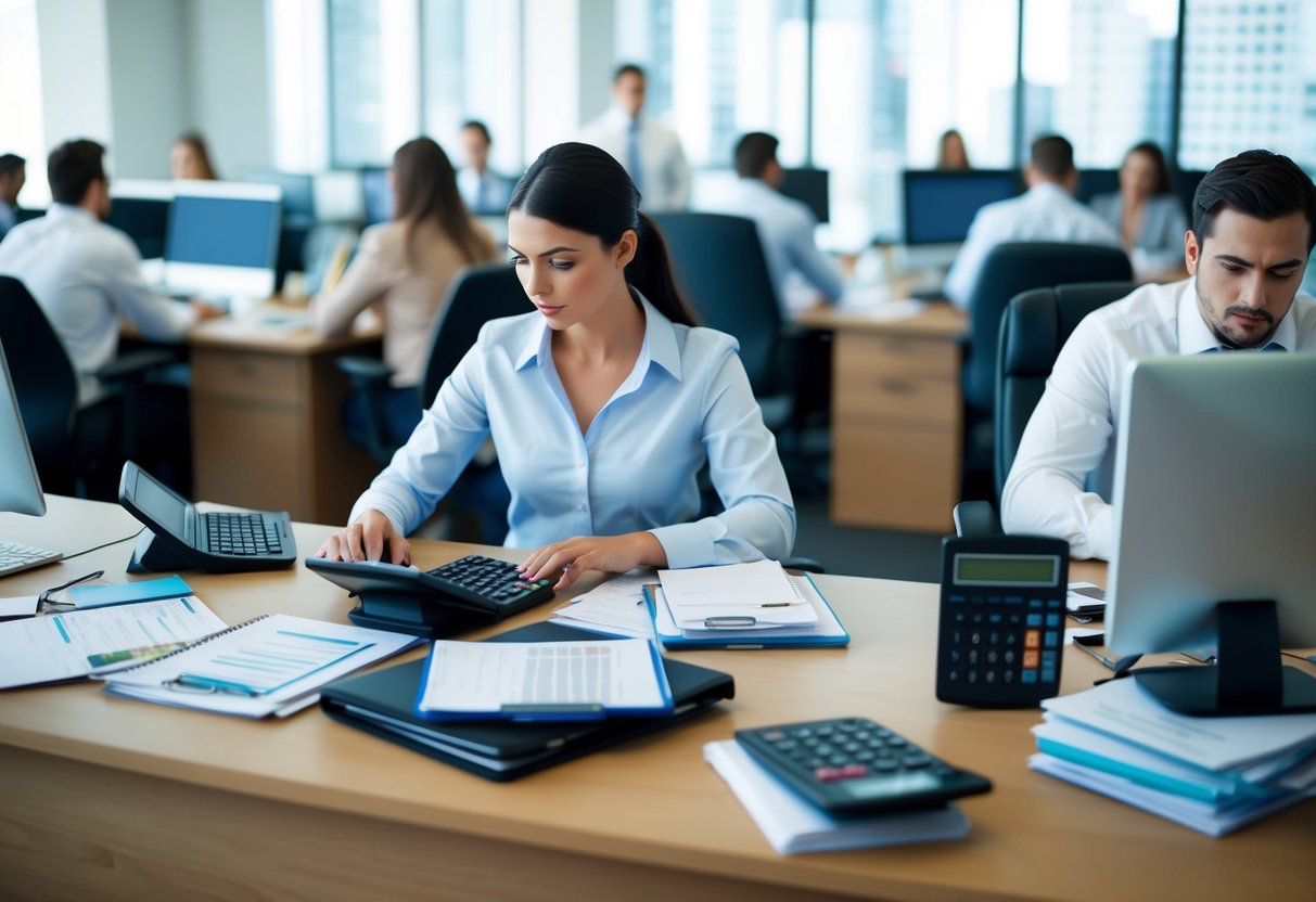 Un bureau occupé avec des employés travaillant sur des tâches financières et comptables pour des organisations EPIC. Des dossiers, des calculatrices et des ordinateurs sont éparpillés sur les bureaux.