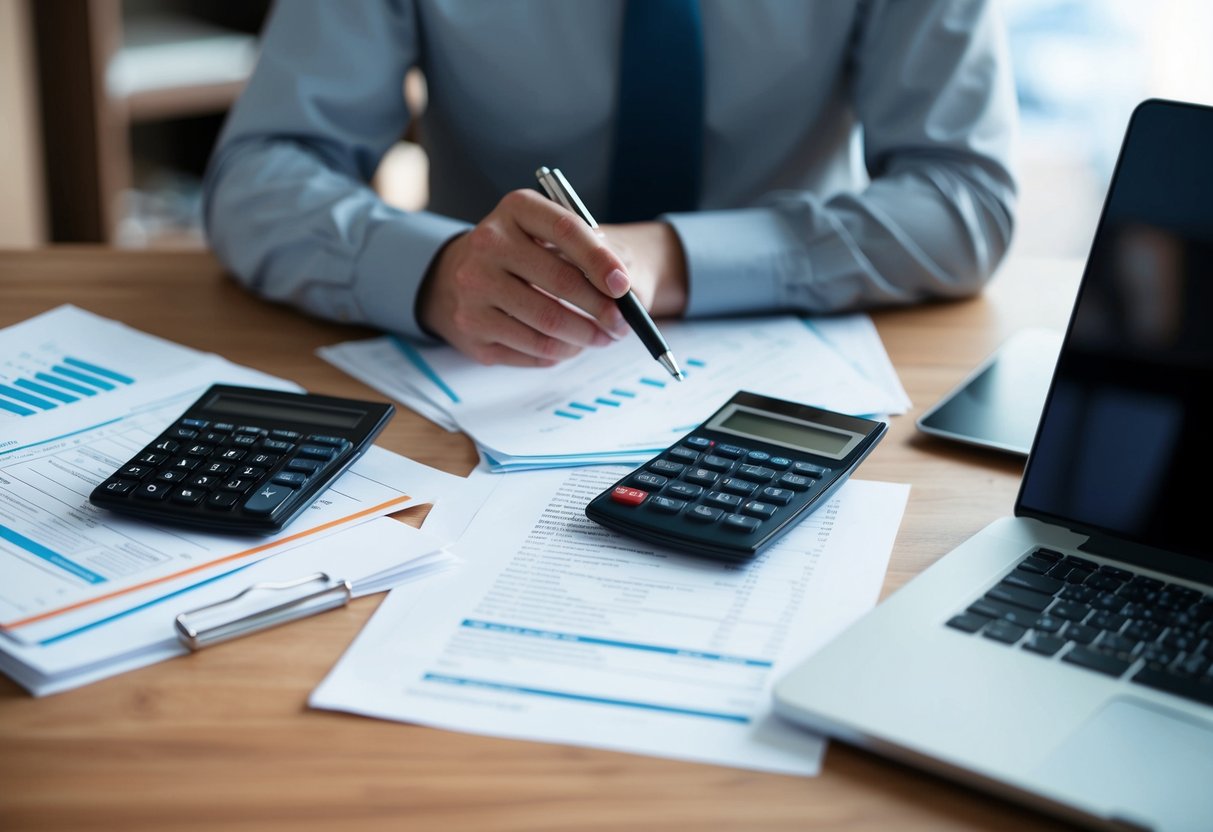 Un bureau encombré de documents financiers, d'une calculatrice et d'un ordinateur portable. Un stylo flotte au-dessus d'une feuille, prêt à faire des calculs.