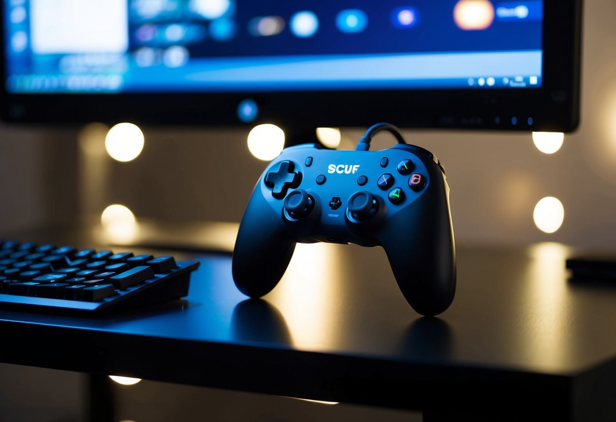 A Scuf gaming controller sits on a sleek, black desk, bathed in the glow of a computer monitor