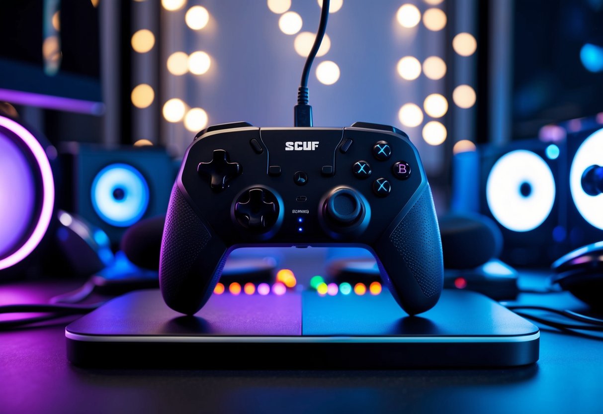 A Scuf Gaming controller sits on a sleek, modern gaming setup, surrounded by futuristic LED lights and high-tech accessories