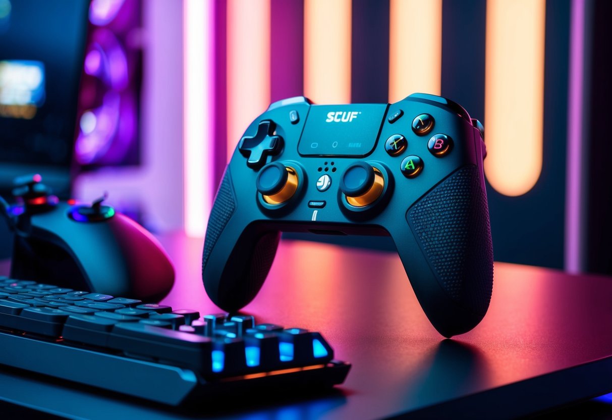 A sleek, ergonomic Scuf Gaming Controller with customizable features, illuminated buttons, and textured grips sits on a futuristic, backlit gaming desk
