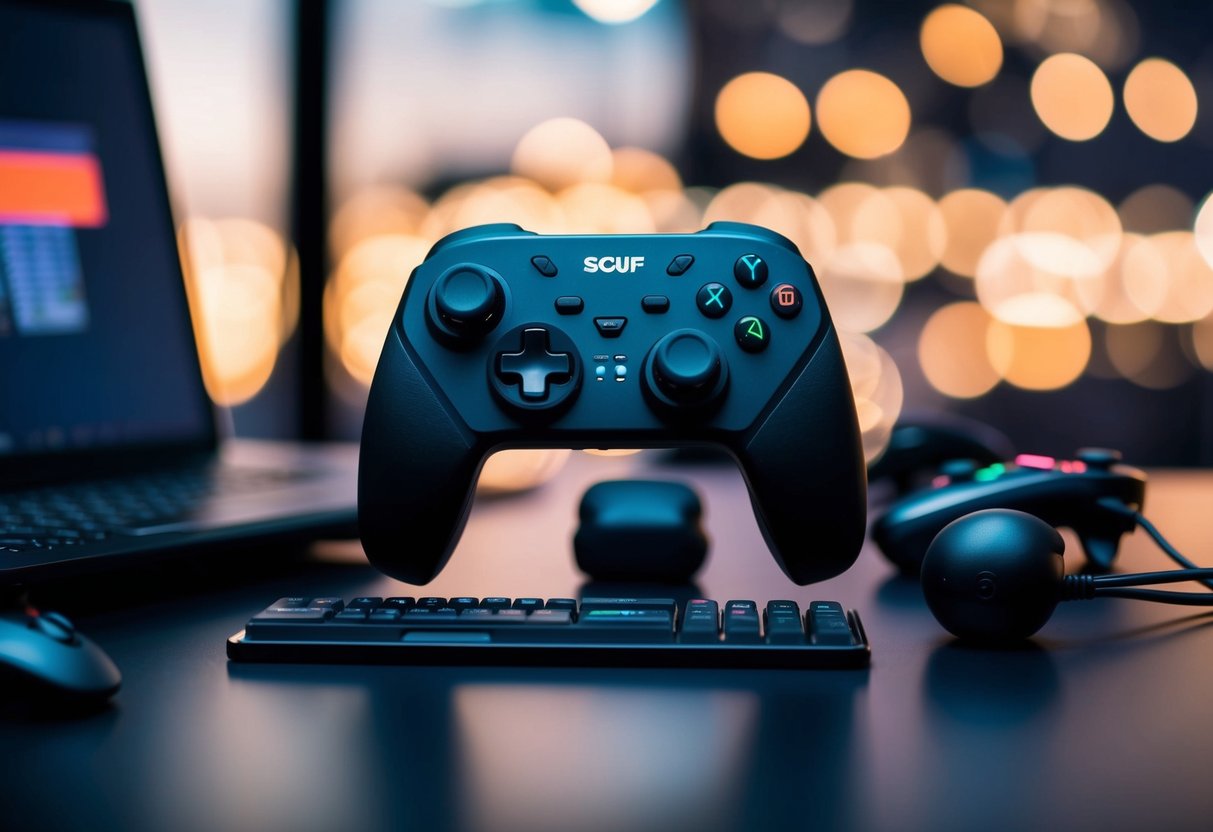 A Scuf Gaming Controller surrounded by gaming accessories on a sleek desk