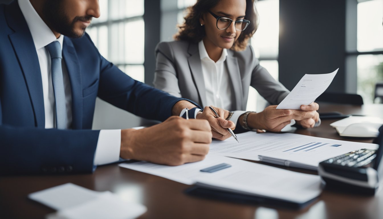 A high net worth individual reviewing financial documents with a tax advisor in a modern office setting