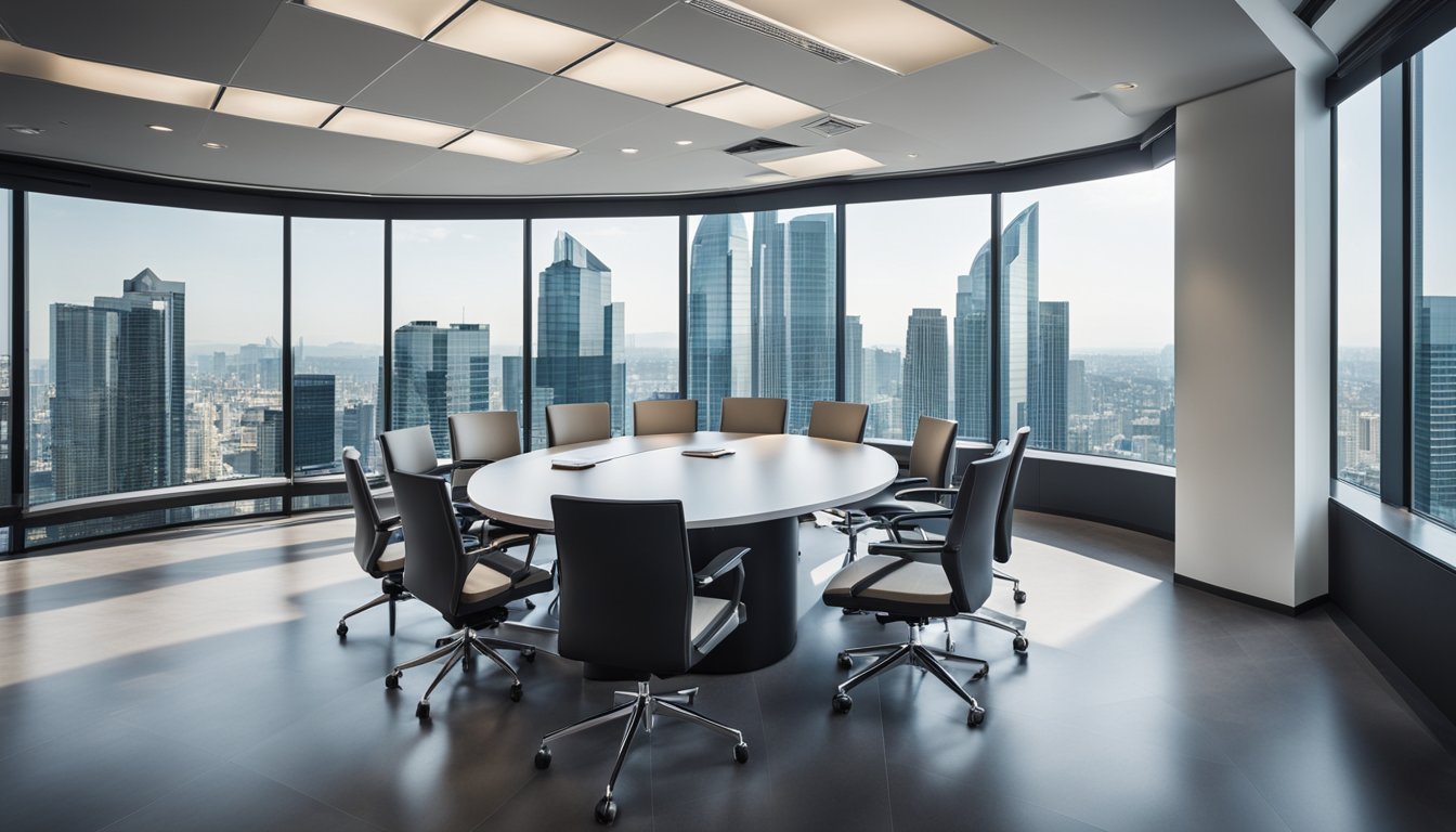 A sleek, modern office with a panoramic city view, featuring a conference table surrounded by high-backed chairs and a whiteboard with financial charts