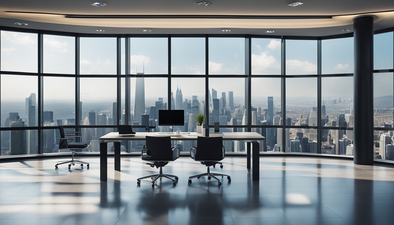 A sleek, modern office with a panoramic view of a city skyline. A wall display showcases complex financial graphs and charts