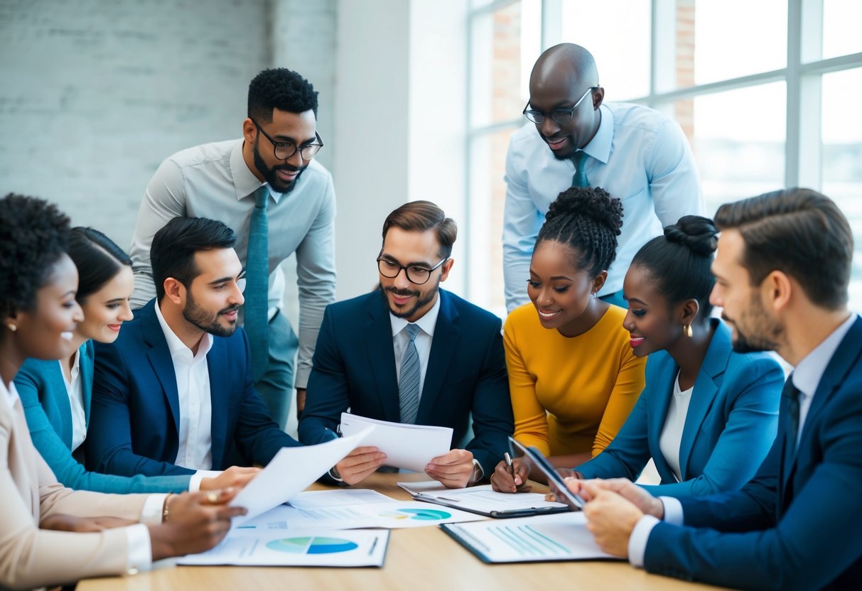 Un groupe d'individus divers s'est rassemblé autour d'une table, engagé dans une discussion tout en examinant des documents et des graphiques.