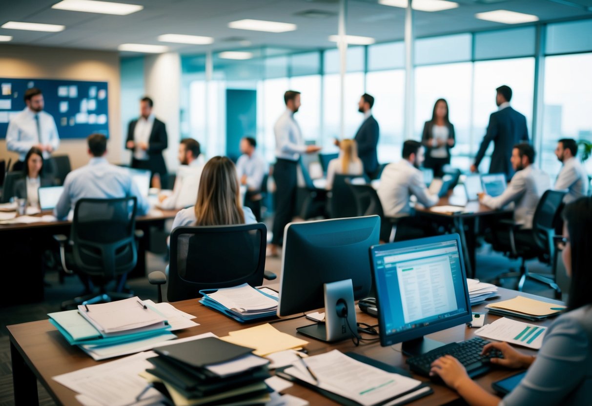 Un bureau animé avec des employés travaillant à leurs bureaux, tandis que d'autres s'engagent dans des discussions dans des salles de réunion. Des dossiers et des documents sont éparpillés sur les bureaux, et un sentiment de productivité et de collaboration emplit l'air.