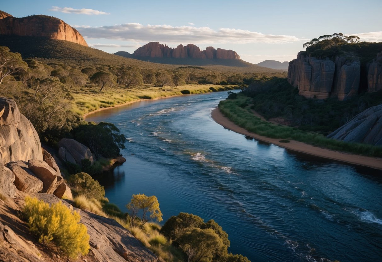 A shimmering river flows through a rugged Australian landscape, surrounded by rocky outcrops and lush greenery, with glints of gold scattered throughout the earth