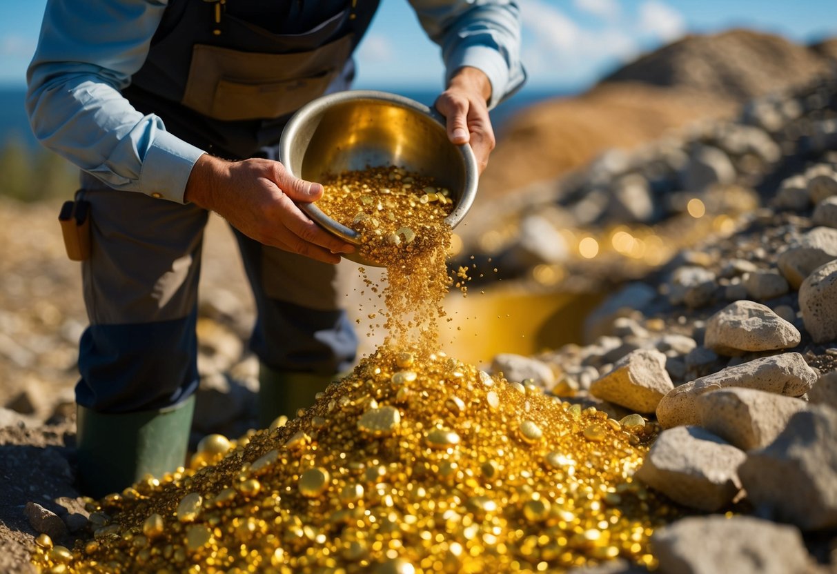 A prospector carefully sifts through a pile of gold panning paydirt, revealing glimmering specks of gold amidst the rocky sediment