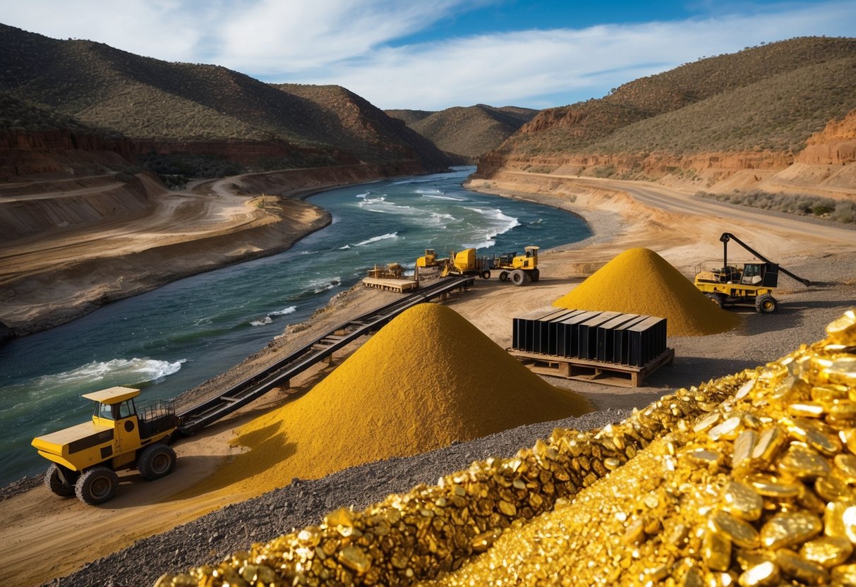 A rugged Australian landscape with a flowing river, surrounded by gold mining equipment and piles of rich, golden paydirt