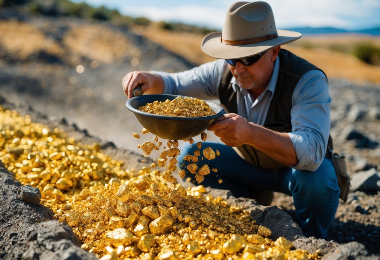 A prospector carefully sifts through a stream of golden paydirt, meticulously separating the valuable gold nuggets from the rocky debris