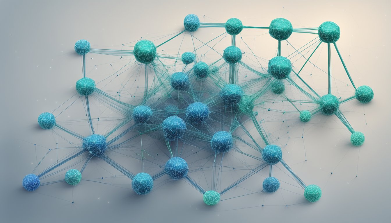 A cluster of interconnected nodes forming a complex network, with data flowing through various pathways, representing machine learning frameworks