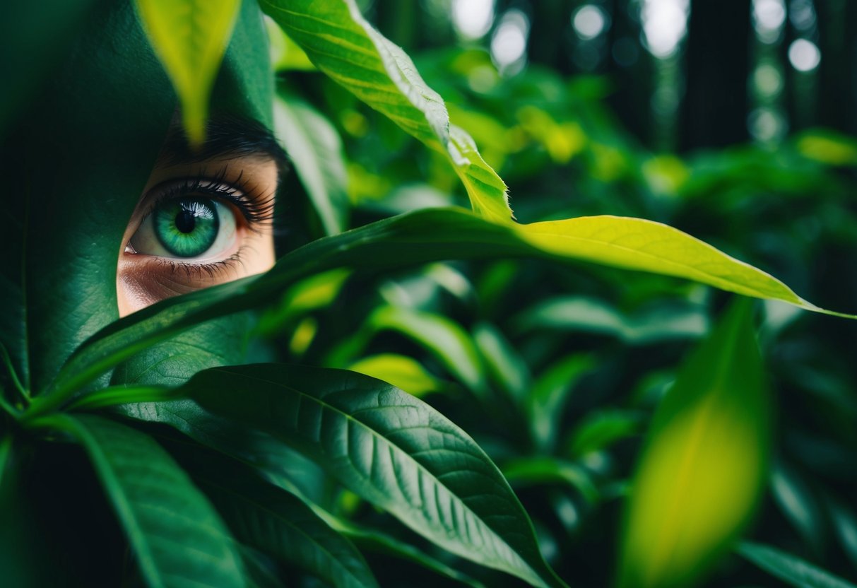 A lush forest with vibrant green foliage and a pair of piercing green eyes peering out from the shadows