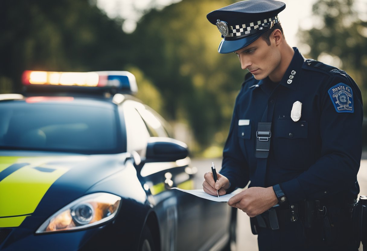 A police officer writing a ticket for a parked car