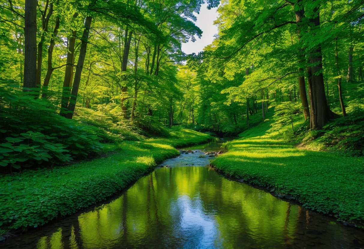 A lush forest with vibrant green foliage and a stream reflecting the emerald hues. Sunlight filters through the canopy, casting dappled patterns on the ground