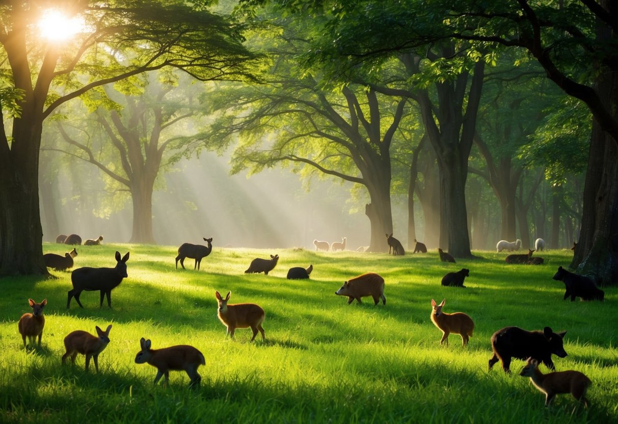 A lush forest with dappled sunlight, where a variety of animals with green eyes are scattered across the landscape