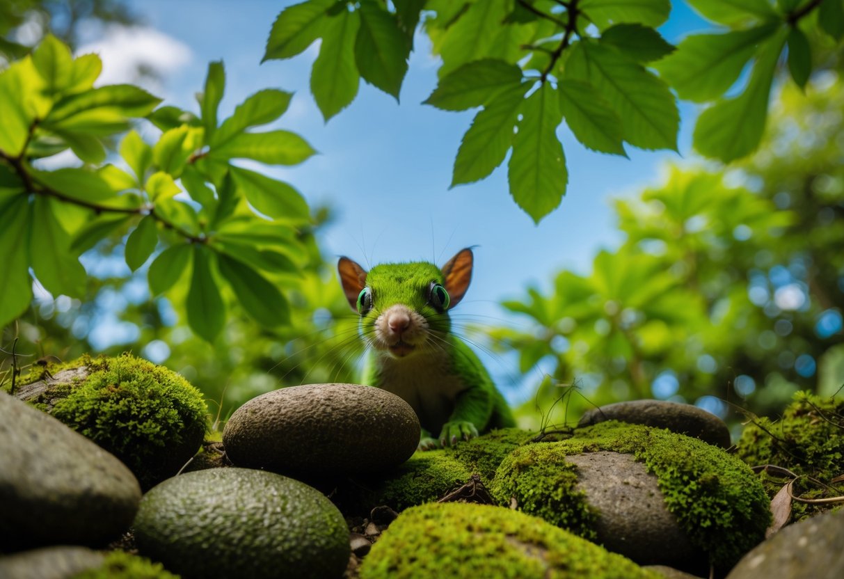 A lush forest with emerald leaves and moss-covered stones, under a clear sky with vibrant green eyes of animals peering out from the foliage