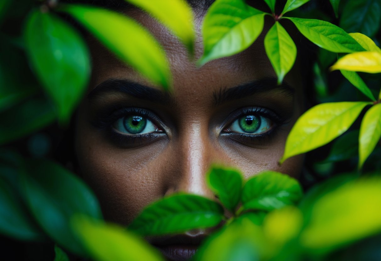 A lush forest with vibrant green foliage and a pair of piercing green eyes peering out from the shadows