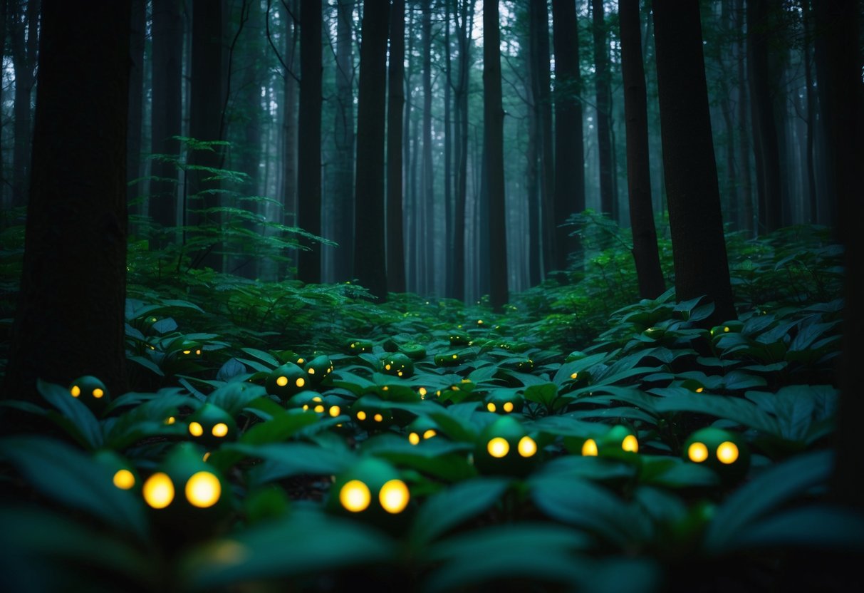 A mysterious forest with emerald green foliage and glowing eyes peering out from the darkness