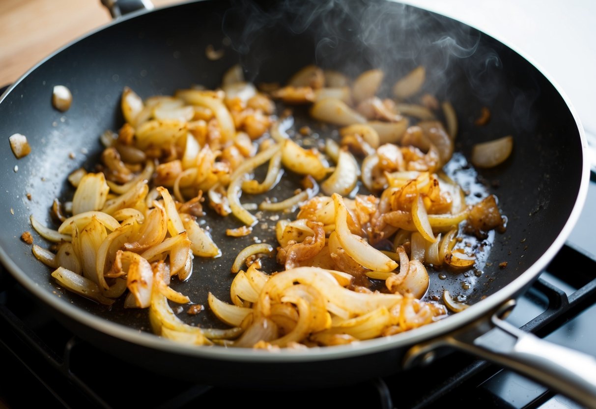 Svogūnai lėtai karamelizuojasi sraigėjančioje karštoje keptuvėje, išskirdami saldų ir sūrią aromatą