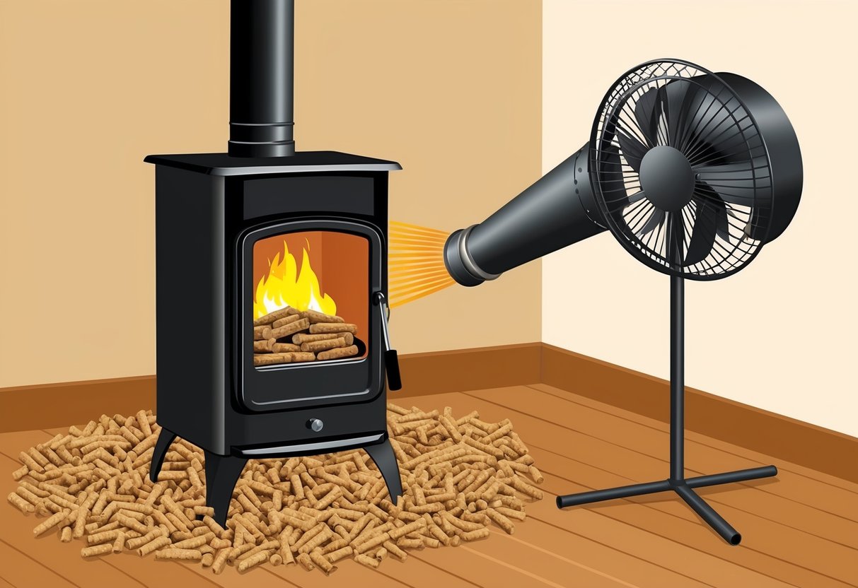 A wood pellet stove burns pellets in a chamber, releasing heat and exhaust through a vent. A fan distributes the warm air throughout the room