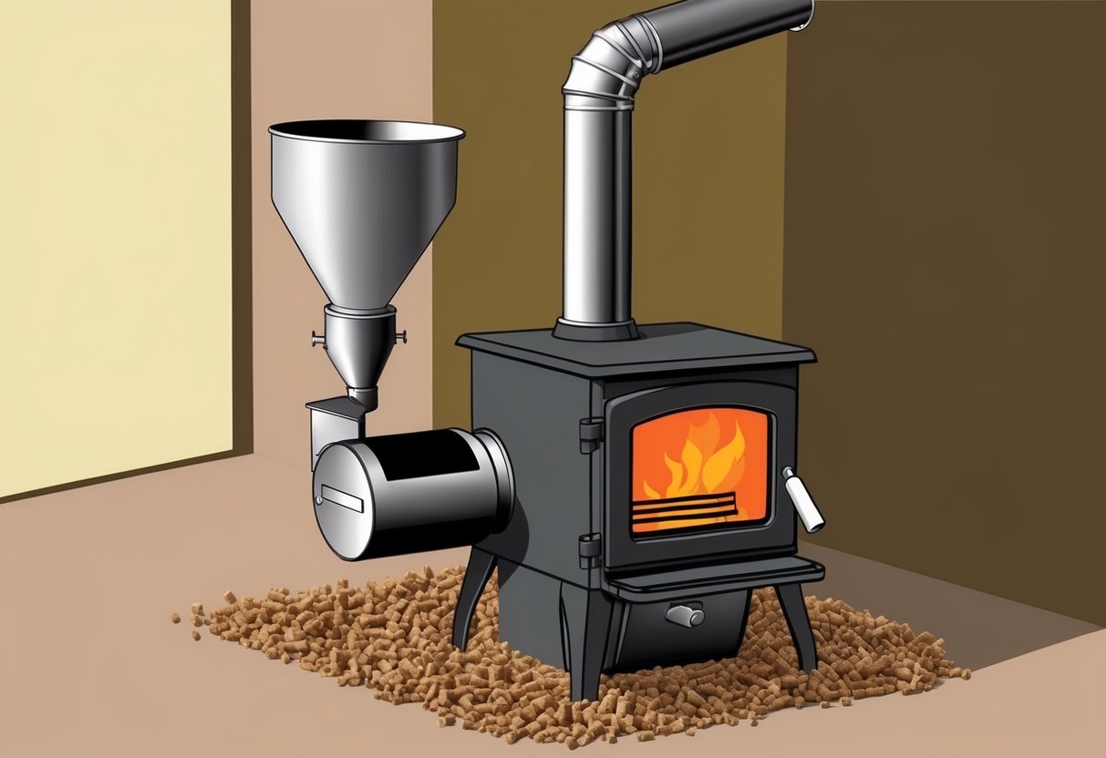 A wood pellet stove with a hopper, auger, combustion chamber, and exhaust vent