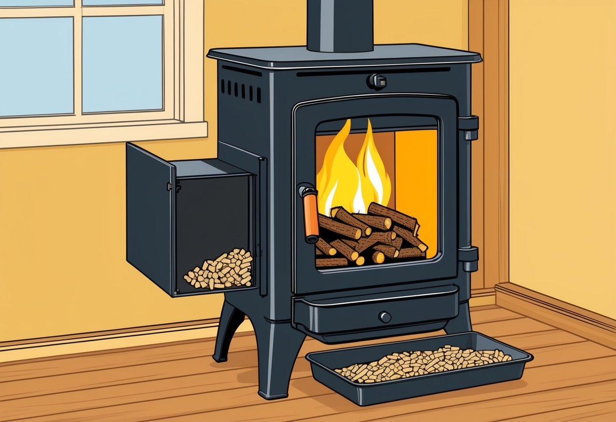 A wood pellet stove burns pellets in a chamber, with a fan blowing heat into the room. Ashes are collected in a removable tray