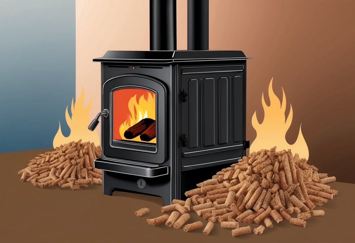 A wood pellet stove burns pellets, emitting heat and minimal air pollution