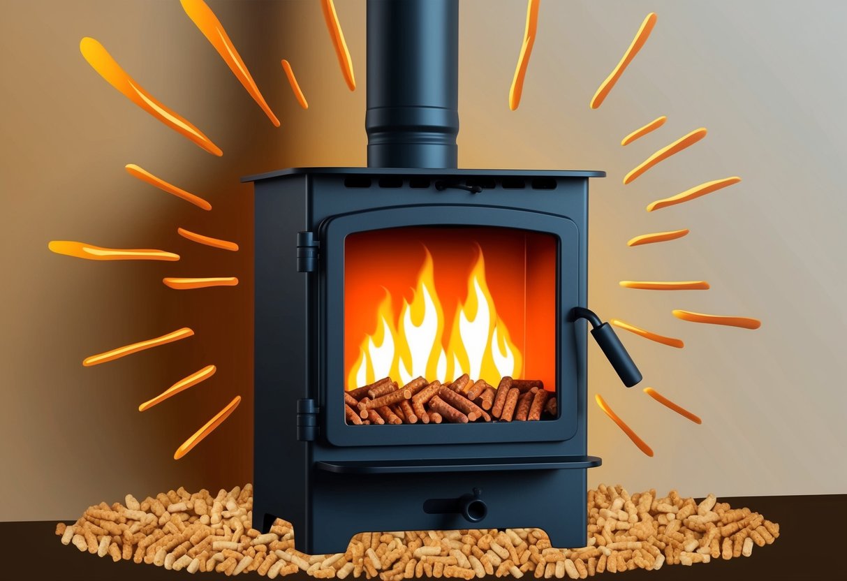 A wood pellet stove burning pellets with flames and heat radiating out