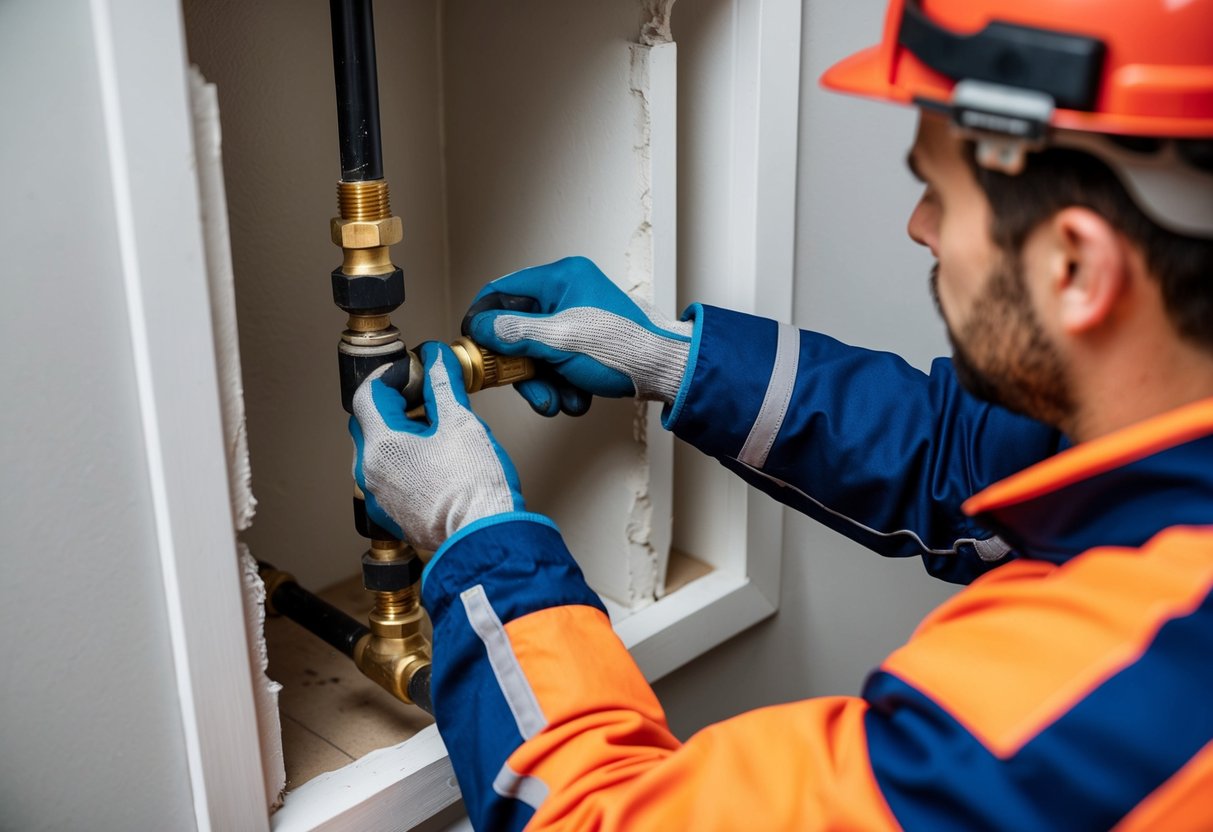 A plumber repairing a broken pipe inside a wall, using tools and wearing protective gear