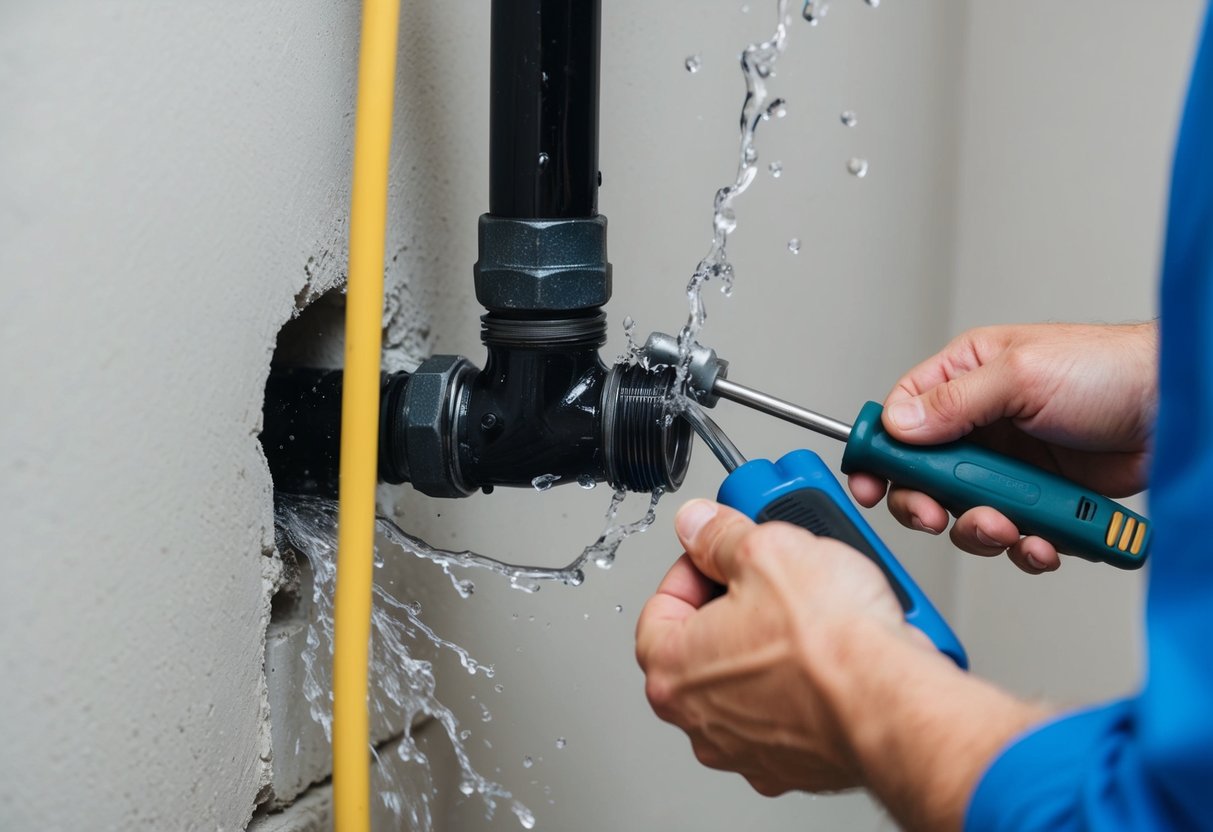 A broken pipe in a wall spurts water, causing damage. A person uses tools to fix the broken pipe