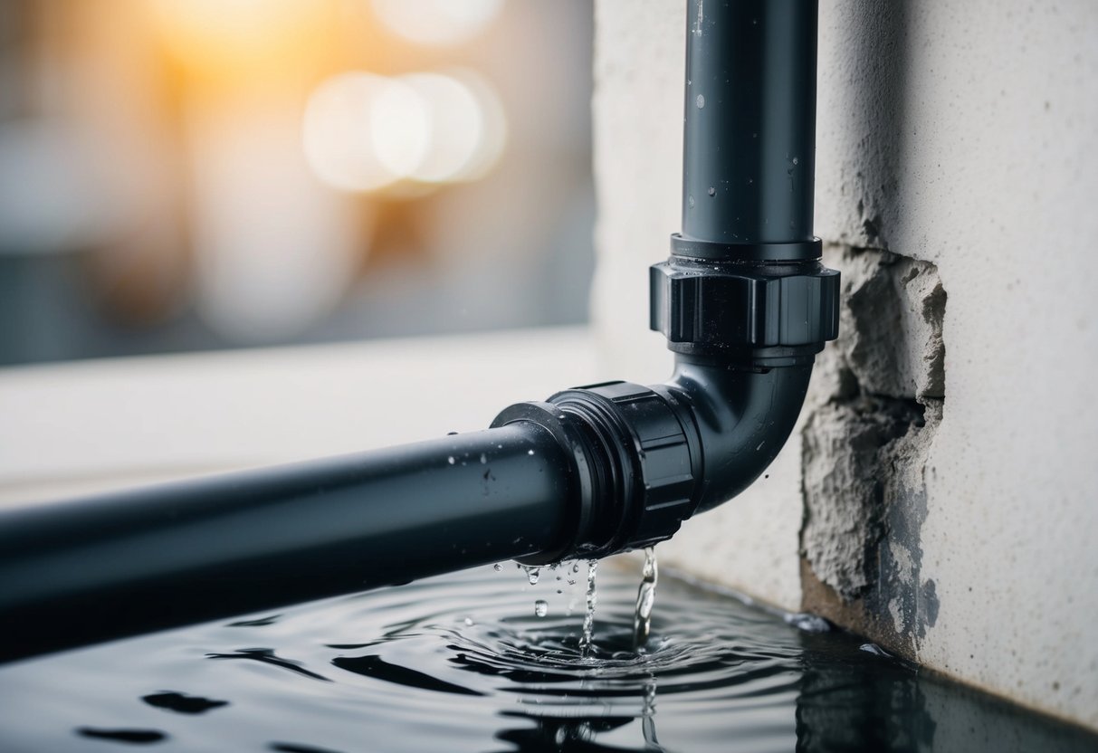 A broken pipe in a wall with water leaking out, causing damage to the surrounding area