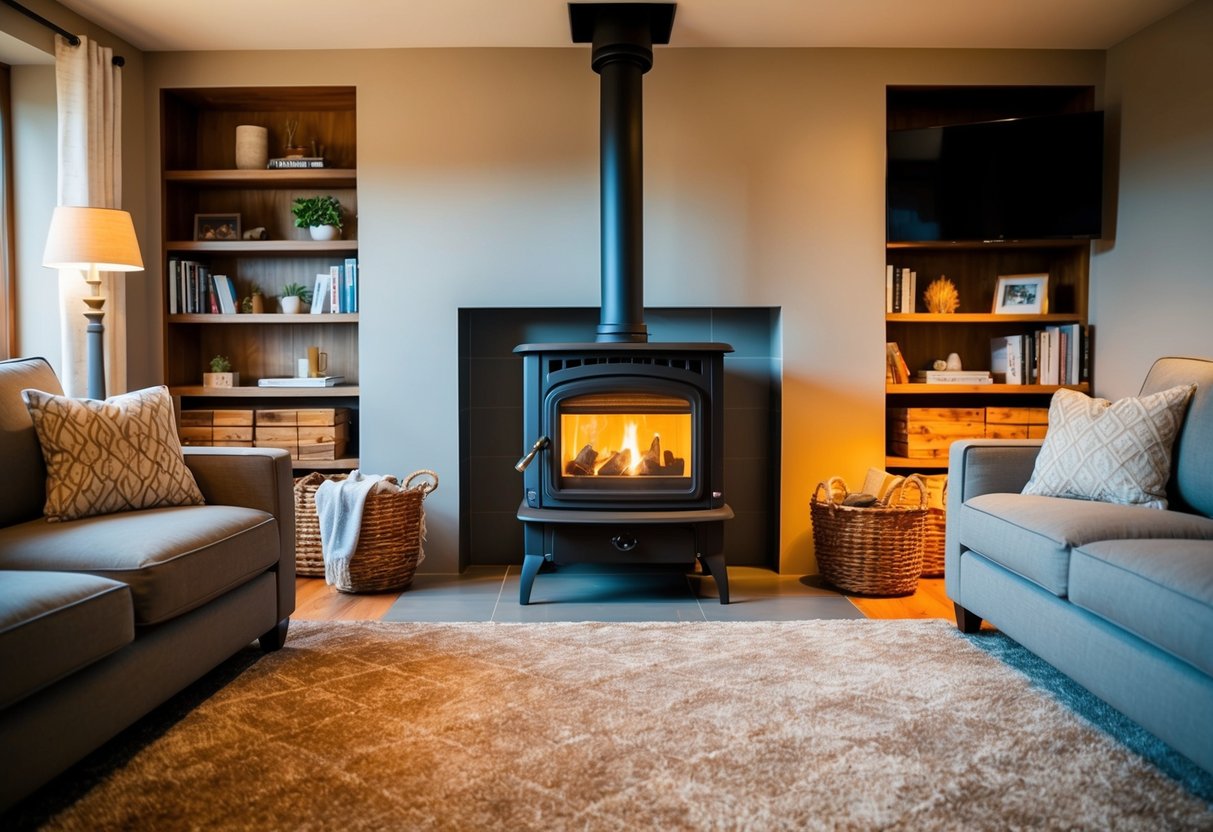 A cozy living room with a free-standing wood stove as the focal point, surrounded by comfortable furniture and warm lighting