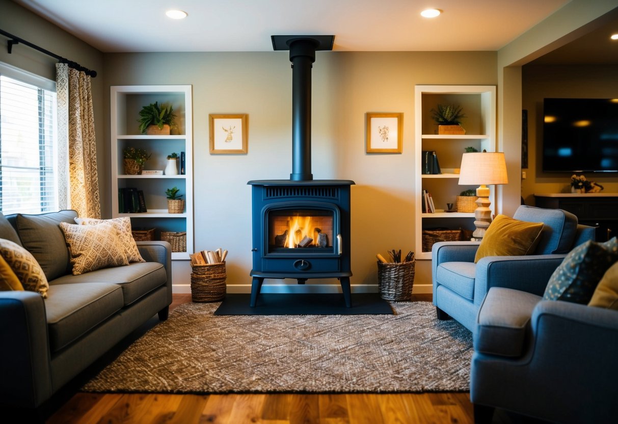 A cozy living room with a free-standing wood stove as the focal point, surrounded by comfortable seating and warm, inviting decor