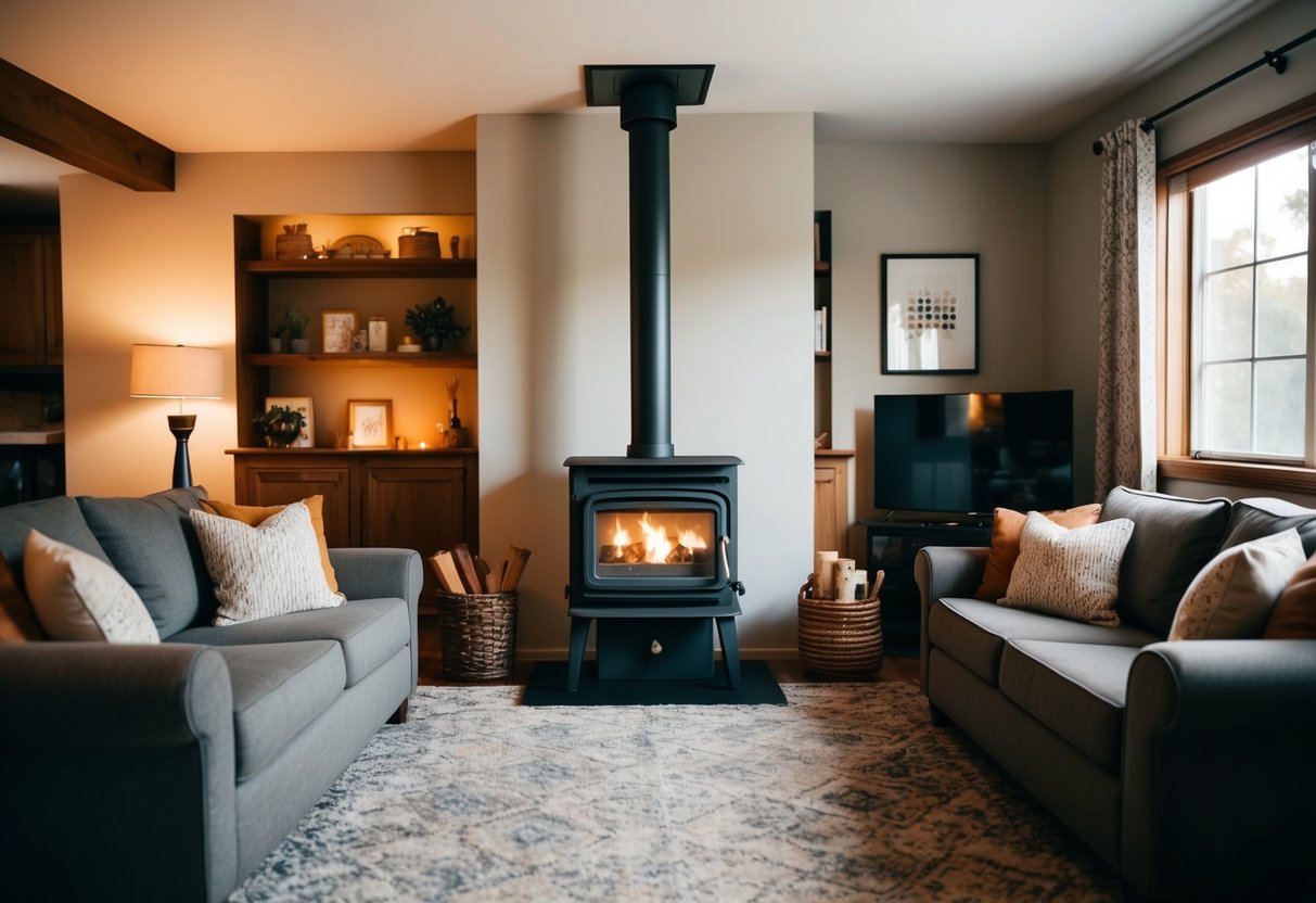 A cozy living room with a free-standing wood stove as the focal point, surrounded by comfortable seating and warm decor