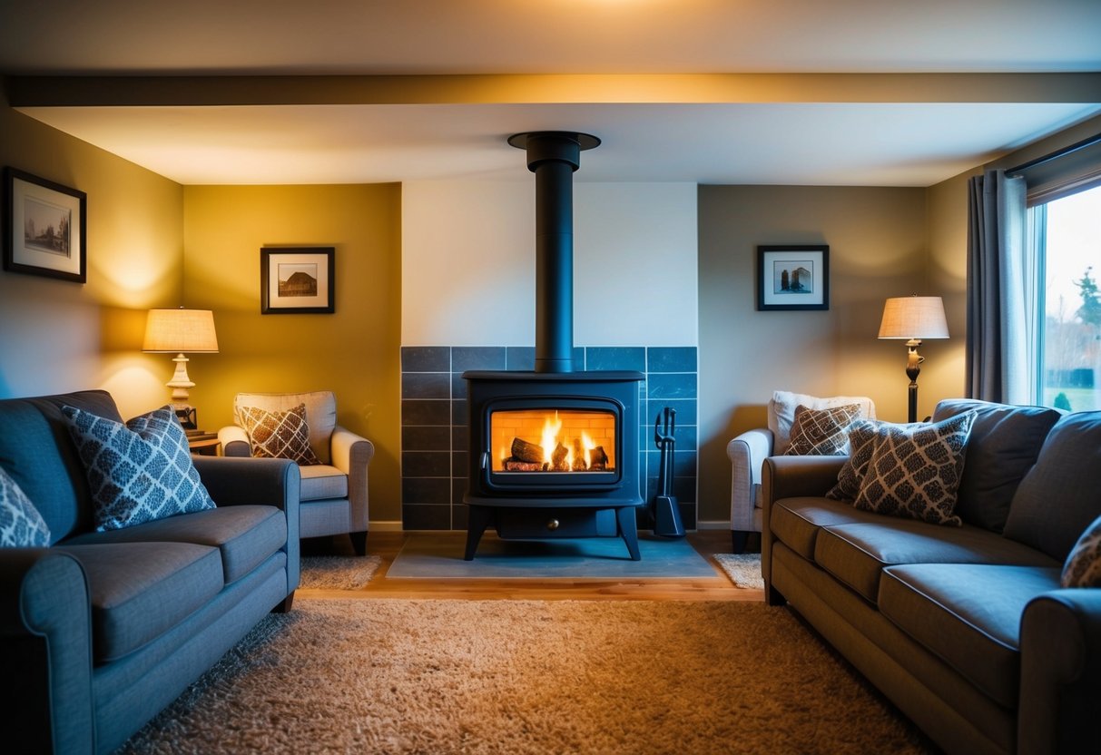 A cozy living room with a free-standing wood stove as the focal point, surrounded by comfortable furniture and warm lighting