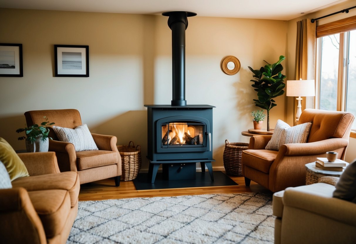 A cozy living room with a free-standing wood stove as the focal point, surrounded by comfortable seating and warm, inviting decor