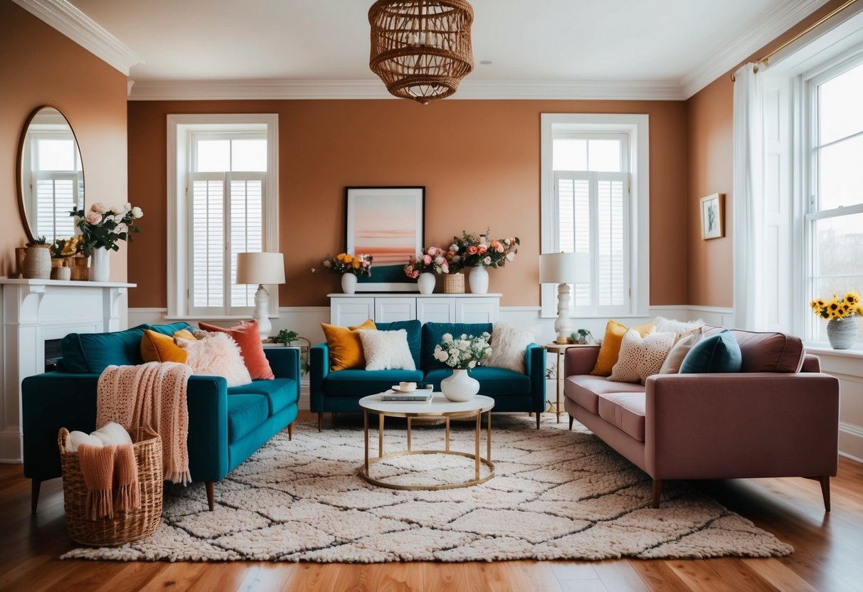 A cozy living room with changing decor to reflect the seasons - from warm colors and cozy blankets in winter to bright florals and open windows in summer