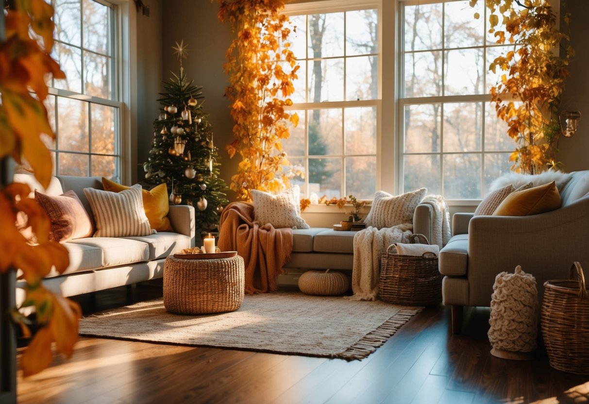 A cozy indoor oasis with changing foliage, warm sunlight streaming through windows, and seasonal decor accents