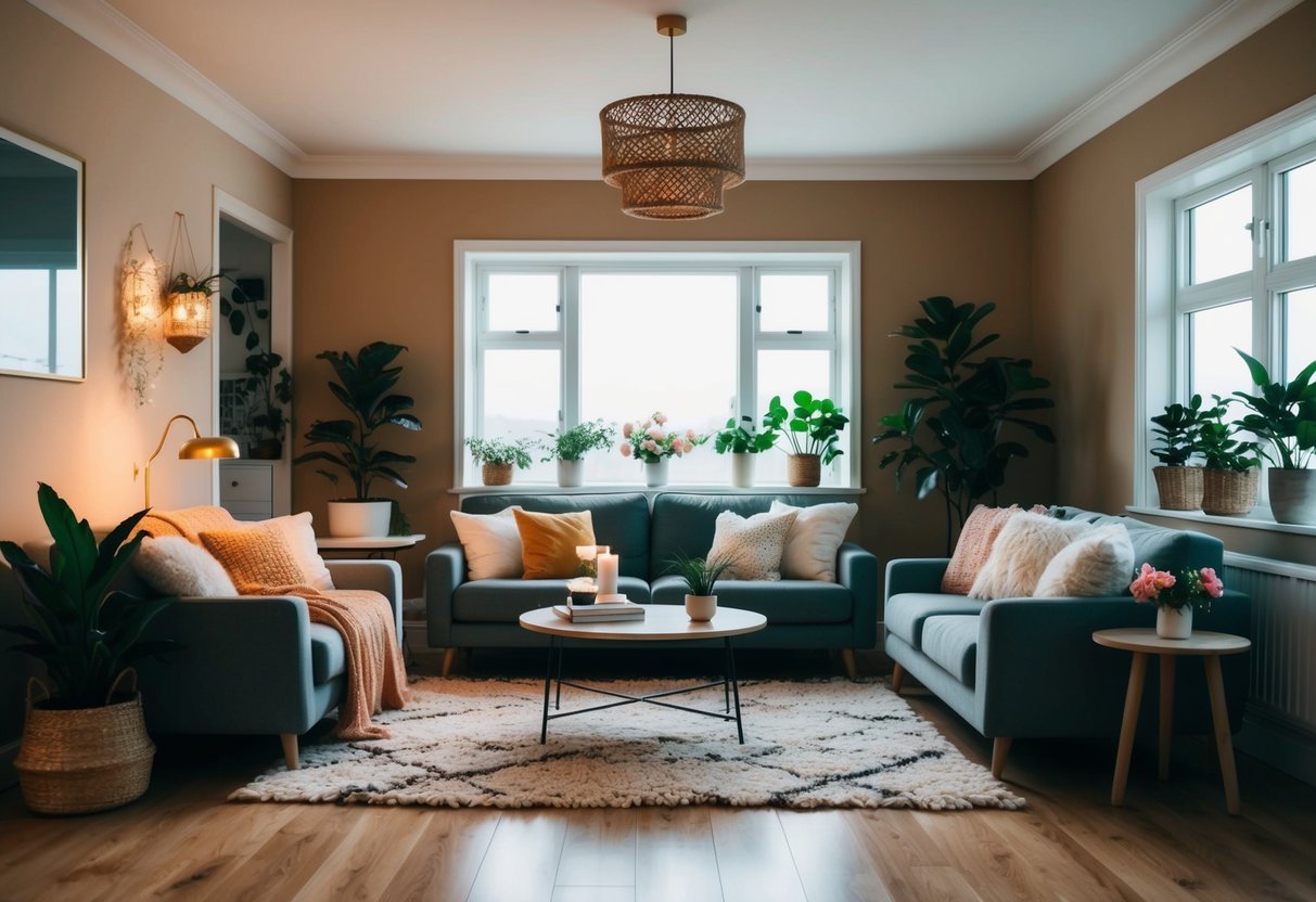 A cozy living room with changing decor and plants to reflect the seasons. From warm tones and cozy blankets in winter to bright florals and open windows in summer