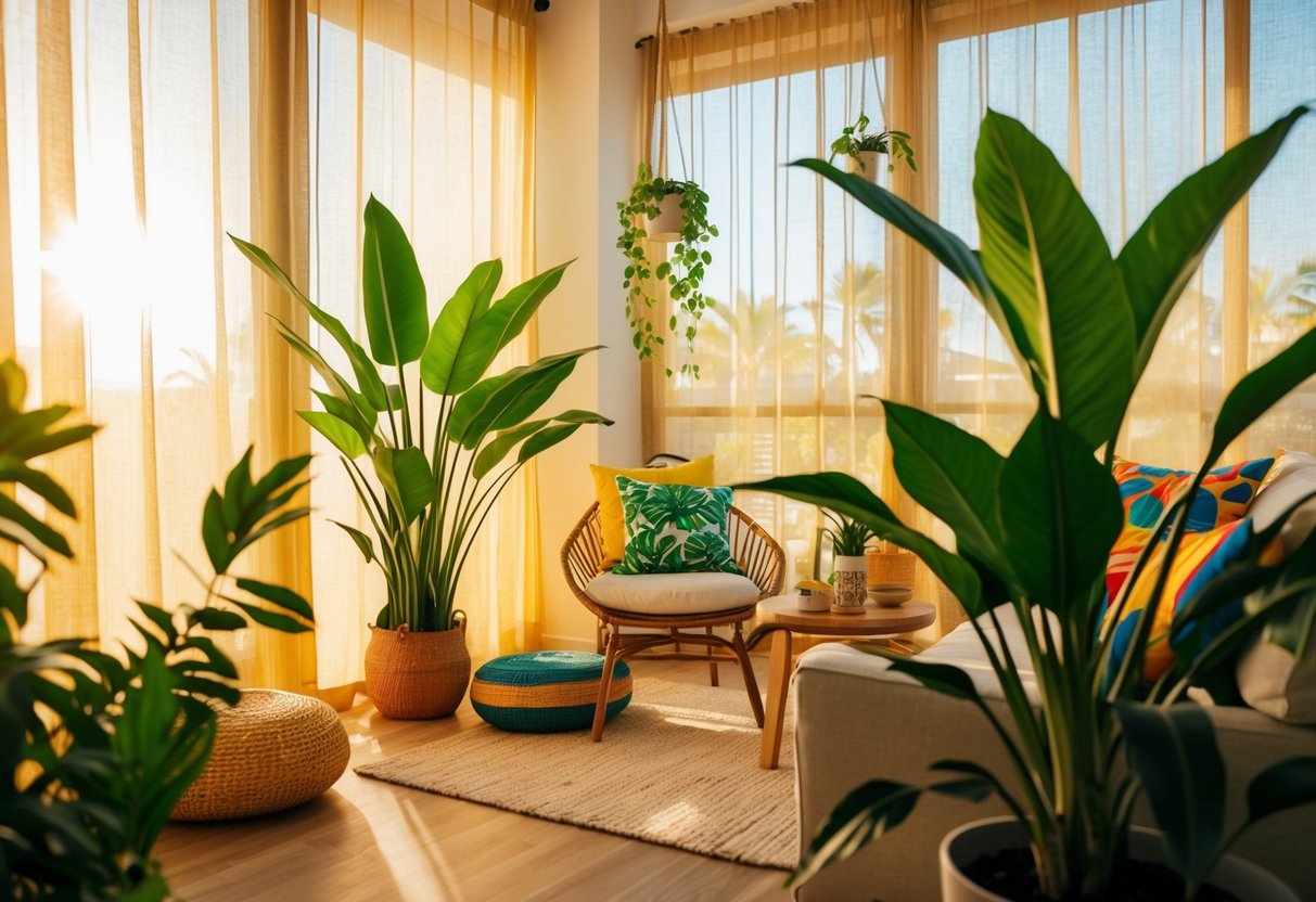 A cozy indoor oasis with vibrant green plants, warm sunlight filtering through sheer curtains, and colorful summer-themed decor