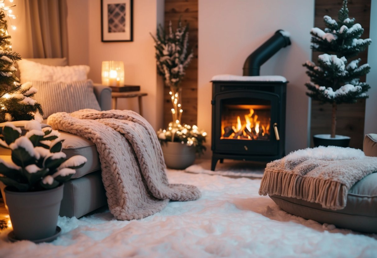 A cozy indoor oasis with warm lighting, plush blankets, and snow-covered plants. A crackling fireplace adds a touch of warmth to the winter scene