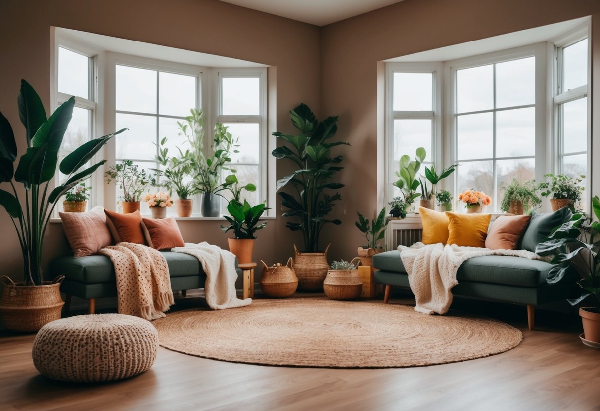 A cozy indoor oasis with changing decor and plants to reflect the different seasons. From warm colors and cozy blankets in winter to bright florals and open windows in summer